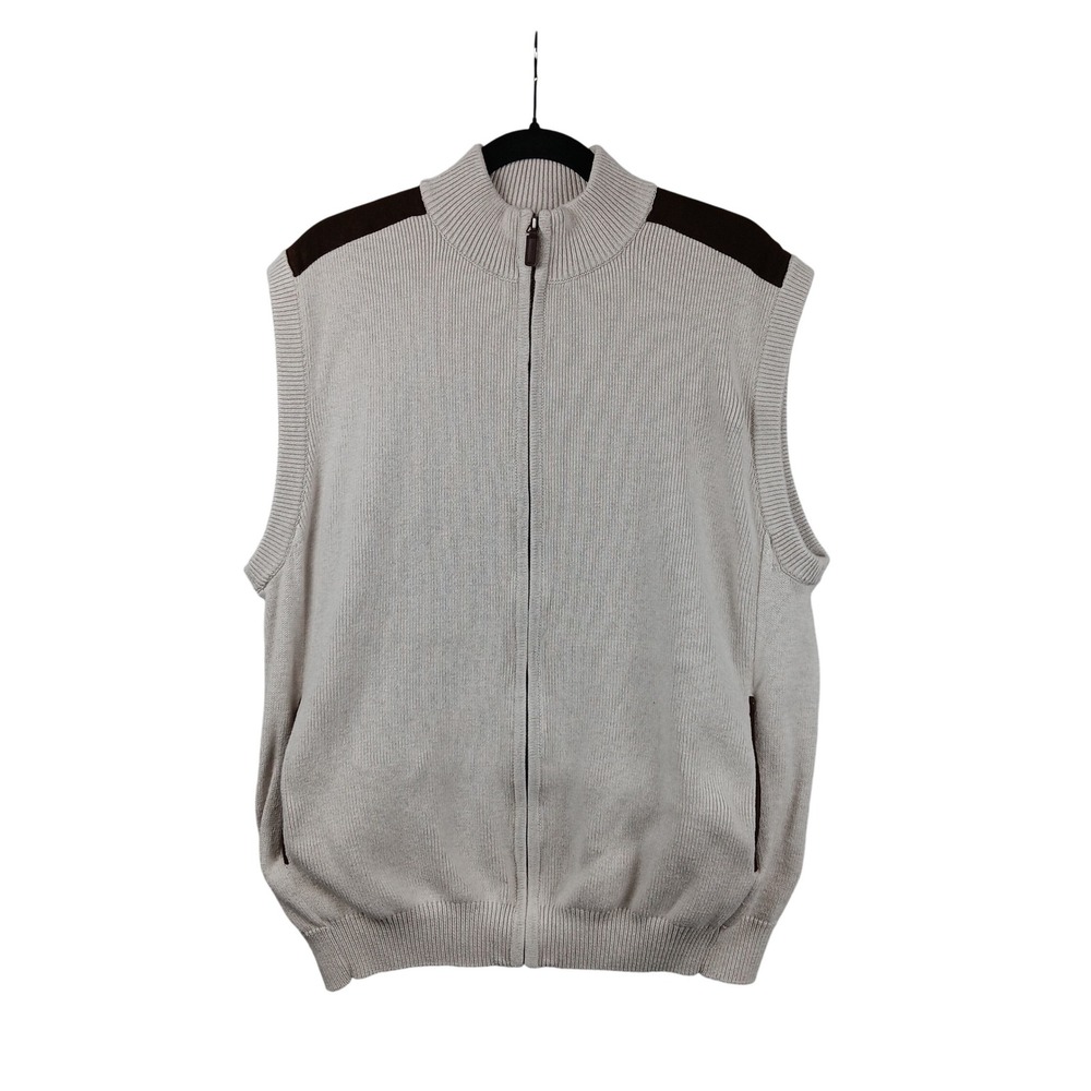 Chaps‎ Mens Zip Neck Sweater Vest Beige Ribbed Knit Cotton Size XL TG EG